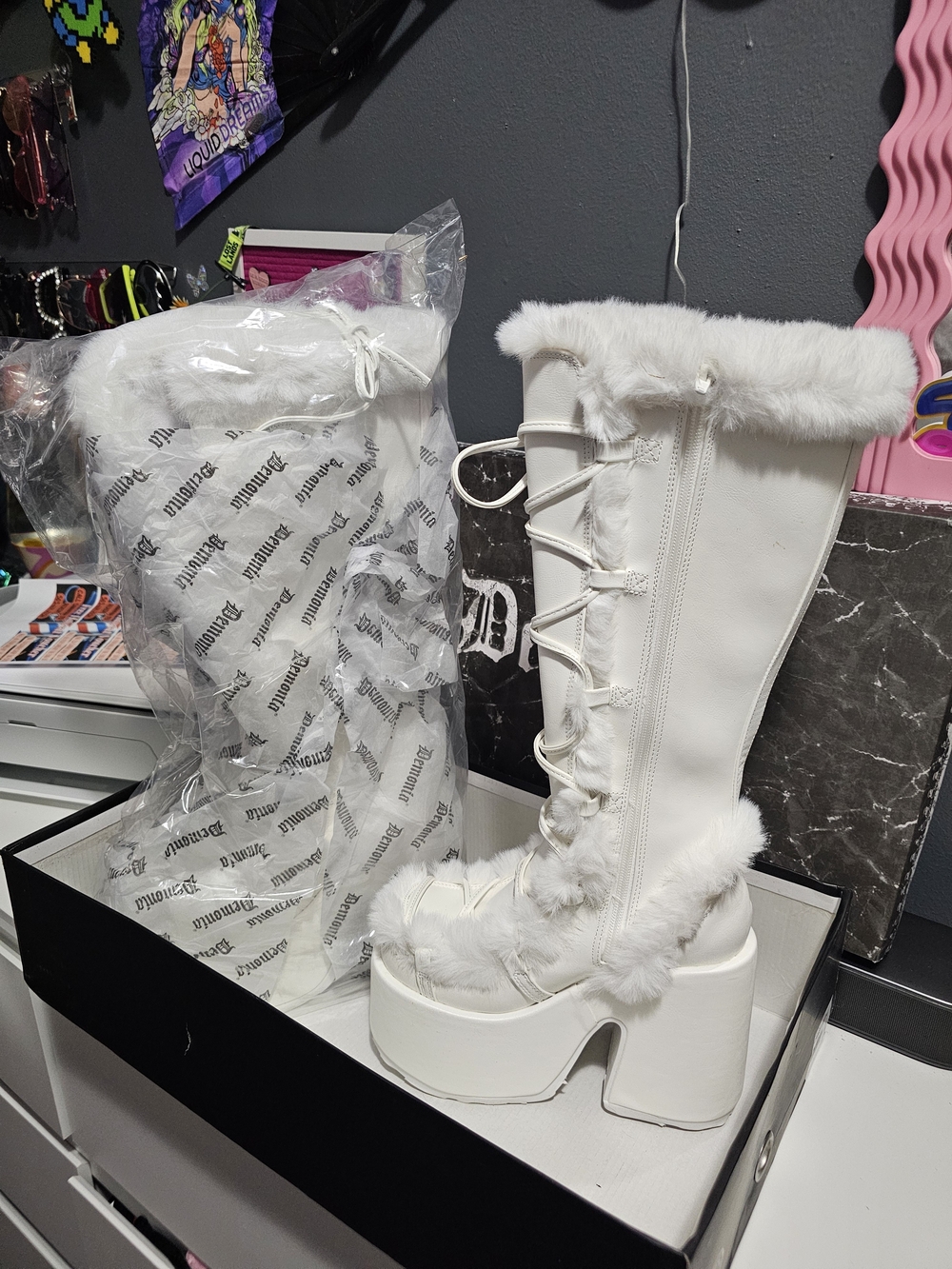 Demonia White Faux Fur Platform Lace-Up Knee-High Boots